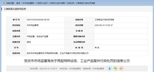 安徽省安庆市市场监管局公示两起特种设备及工业产品案件行政处罚信息，强化市场安全监管